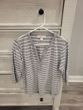Michael Kors Light Gray & White Striped V-Henley Top
